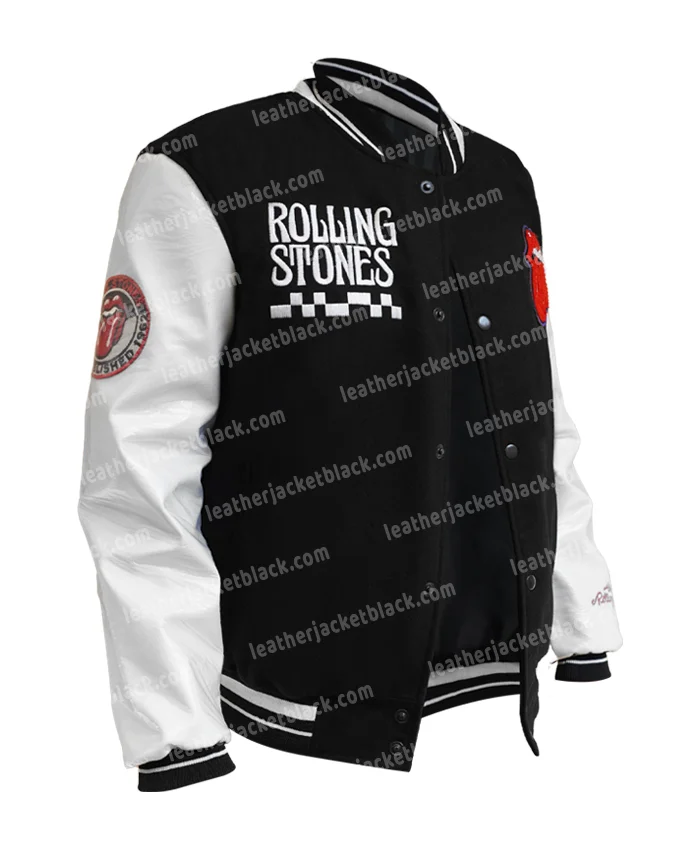 Buy Now Rolling Stones Black Full Snap Wool And PU Leather Varsity Jacket