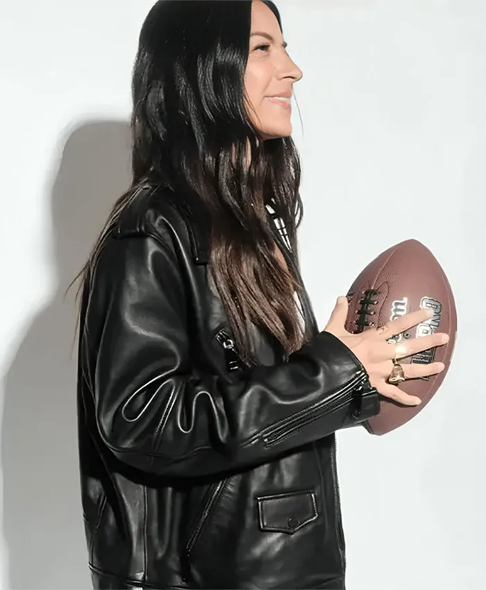 Buy Now Super Bowl LIX Rebecca Minkoff X Erin Andrews Tabitha Black Oversized Leather Moto Jacket For Unisex
