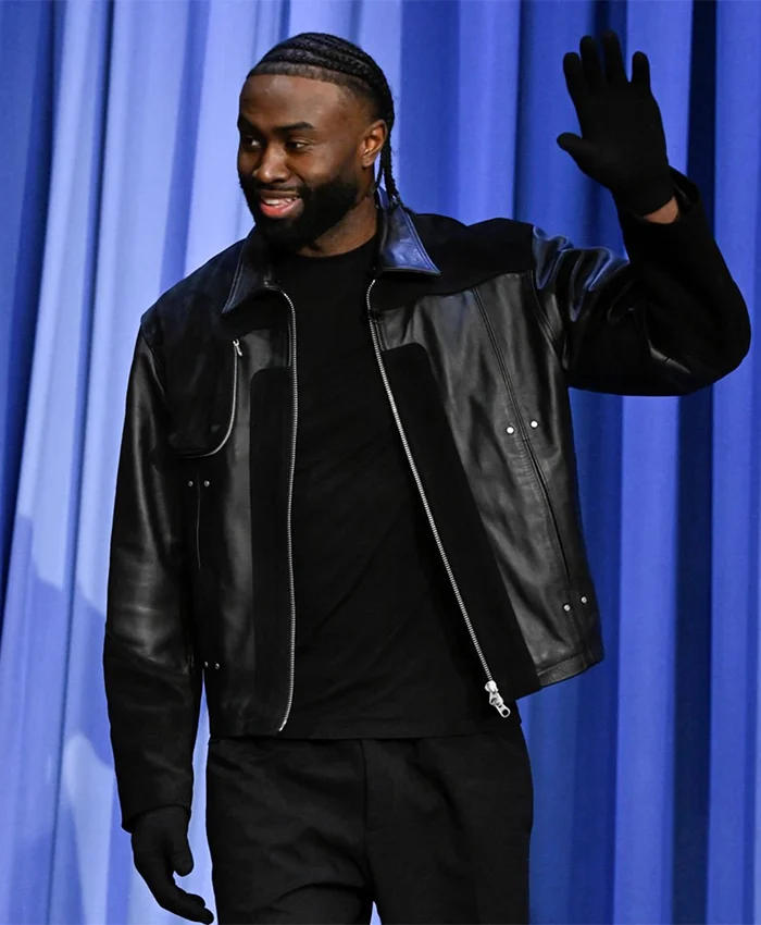 Buy Now The Tonight Show Jaylen Brown Jimmy Fallon Black Leather Jacket For Unisex