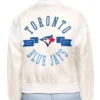 Buy Now Toronto Blue Jays Printed Logo Cream Varsity Jacket For Men And Women
