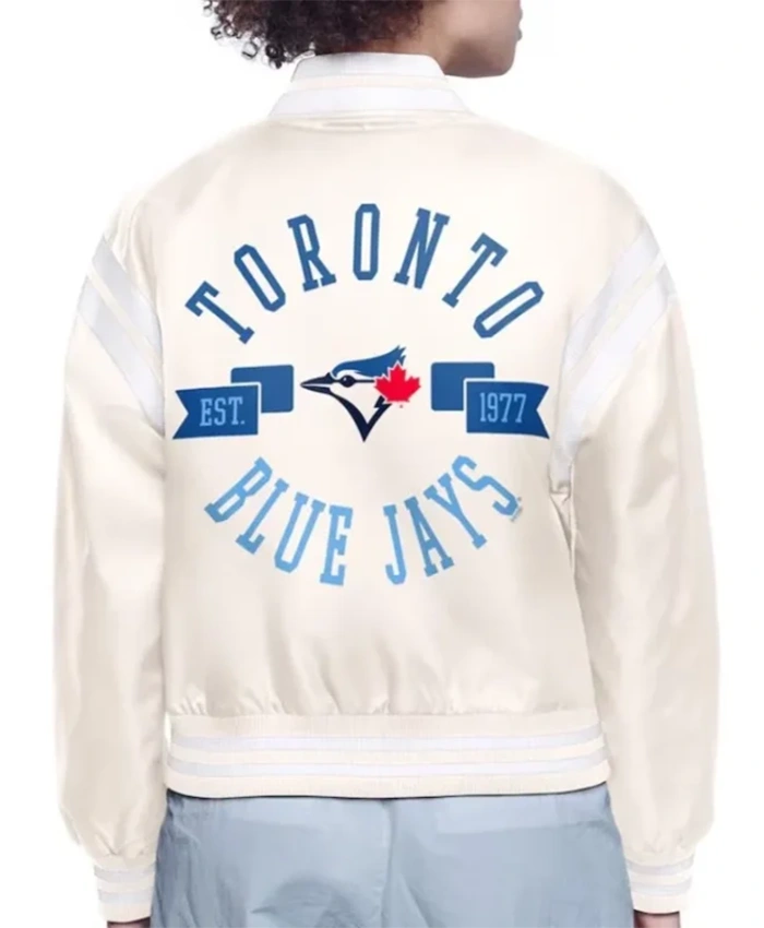 Buy Now Toronto Blue Jays Printed Logo Cream Varsity Jacket For Men And Women
