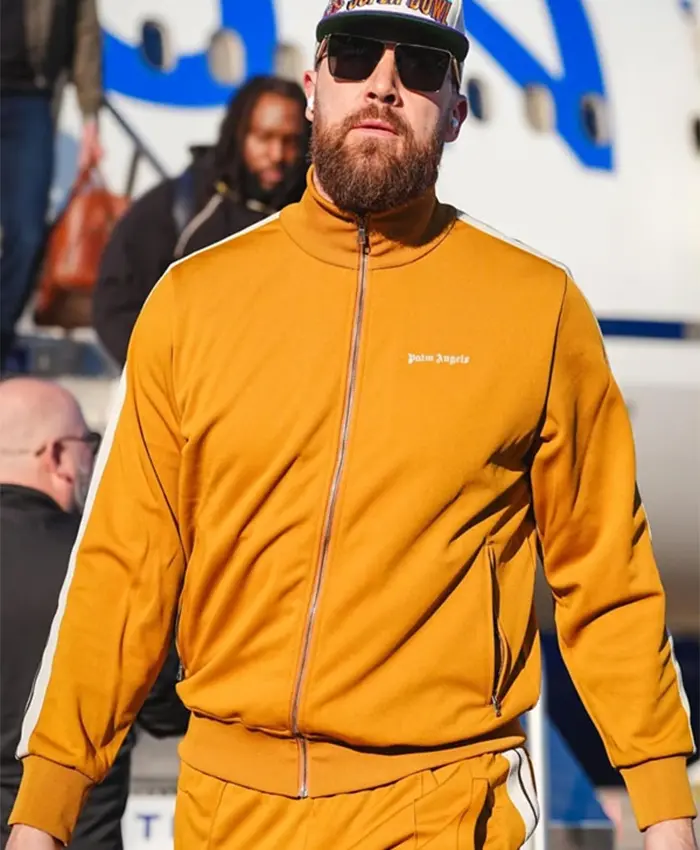 Buy Now Travis Kelce Palm Angels Super Bowl LIX Arrivals Yellow Tracksuit For Unisex