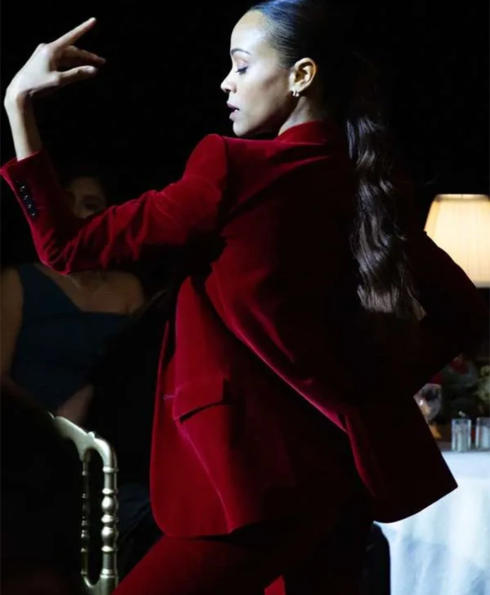 Buy Now Zoe Saldana Emilia Perez 2024 Rita Moro Castro Red Velvet Blazer For Unisex
