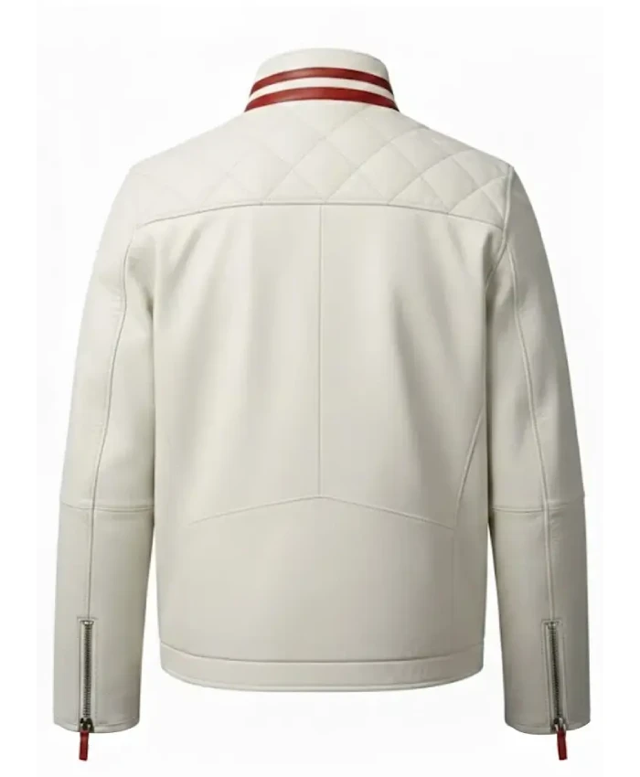 Buy Off White Quilted Biker Leather Jacket With Red Stripe Collar