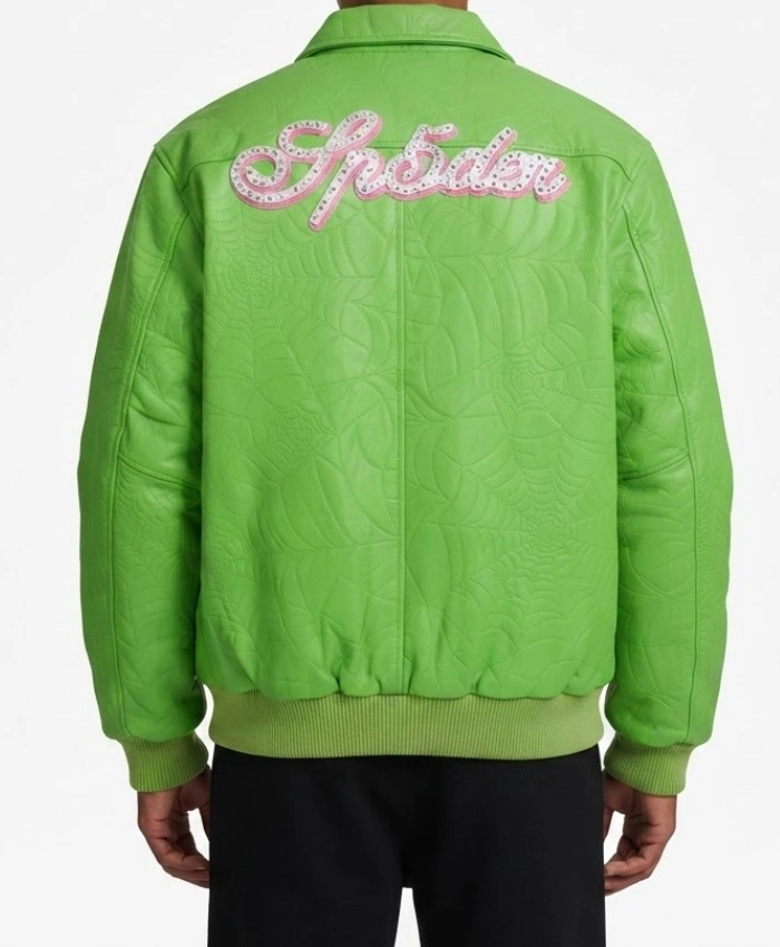 Buy Sp5der Debossed Web Green Leather Jacket