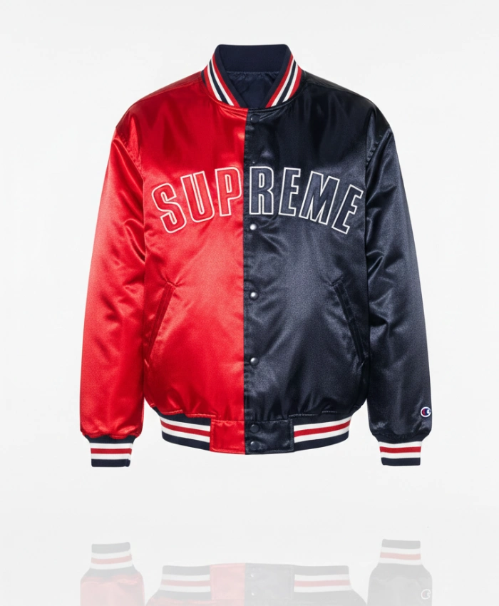 Buy Supreme Collection SS26 Red And Navy Satin Varsity Jacket