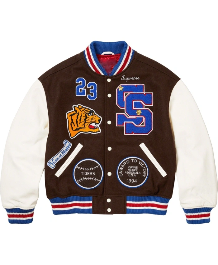 Buy Supreme Wool And Leather Tiger Brown Varsity Jacket On Sale