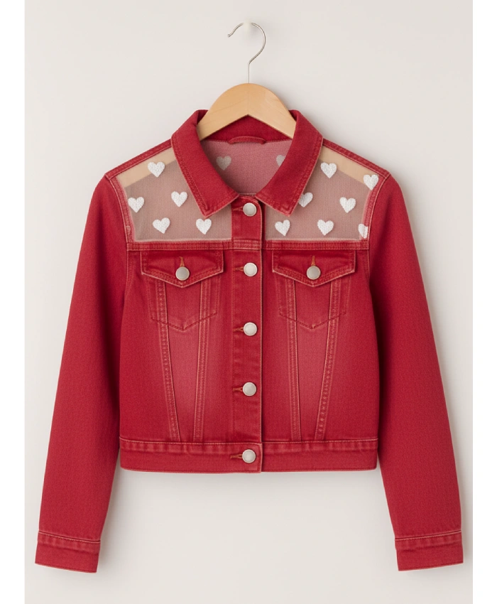 Valentine’s Day White Heart Red Denim Jacket