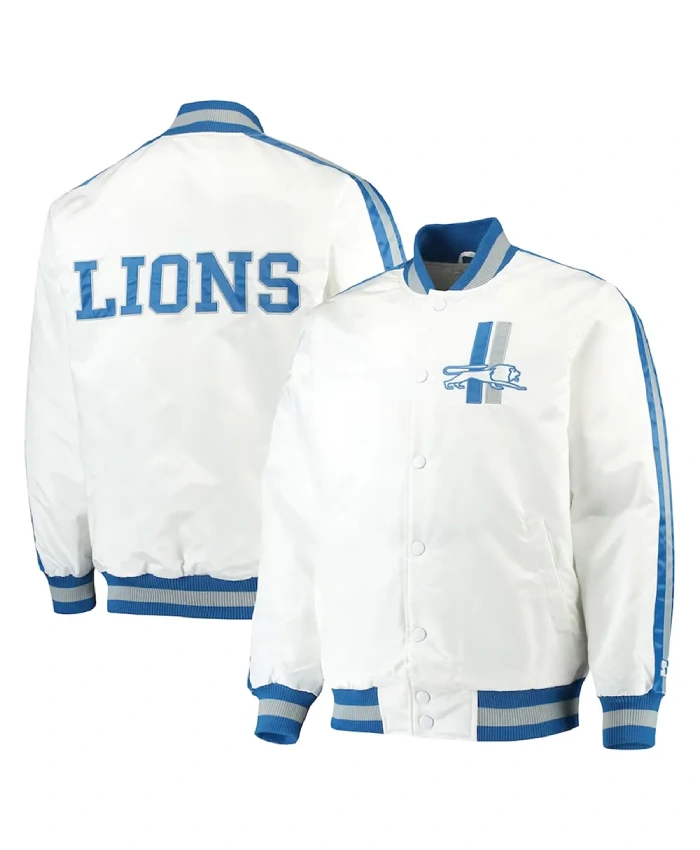 White Detroit Lions Throwback D-Line Satin Jacket - Image 3
