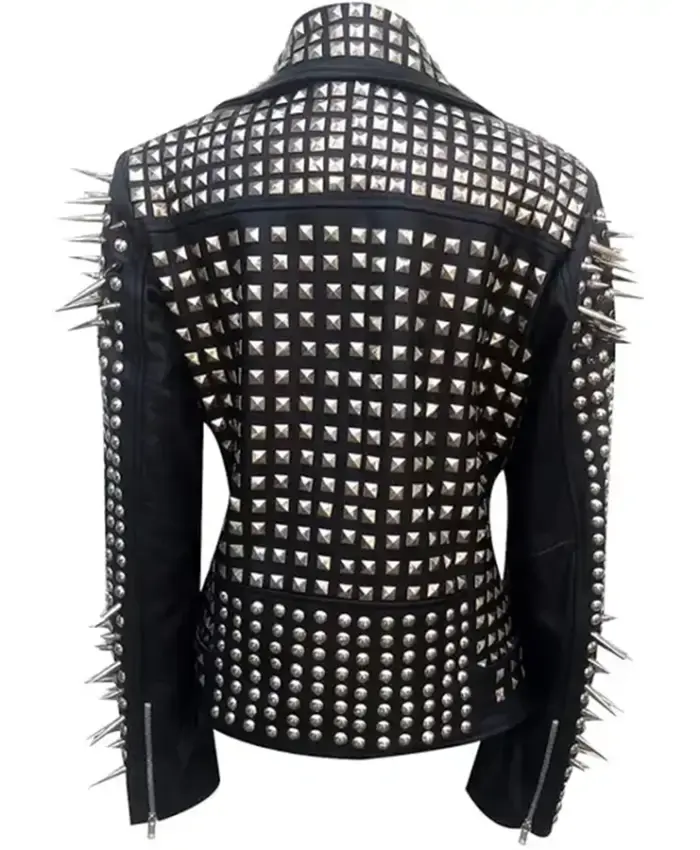 Women Black Biker With Round Cap Studded Leather Jacket - Image 2