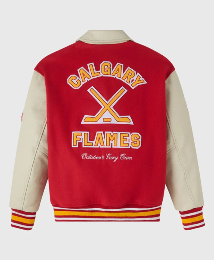 Calgary Flames OVO RedBeige Full Snap WoolLeather Varsity Jacket