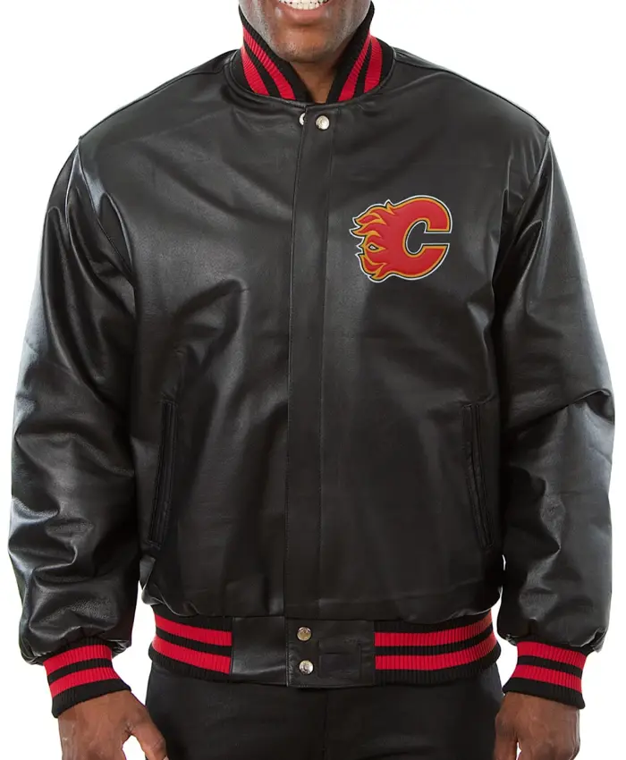 Calgary Flames Team Players Full Black Leather Varsity Jacket 1