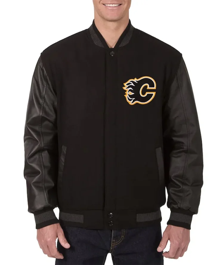 Calgary Flames Varsity Black Wool And Leather Jacket