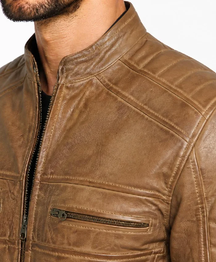 Camel Biker Style Leather Jacket Men