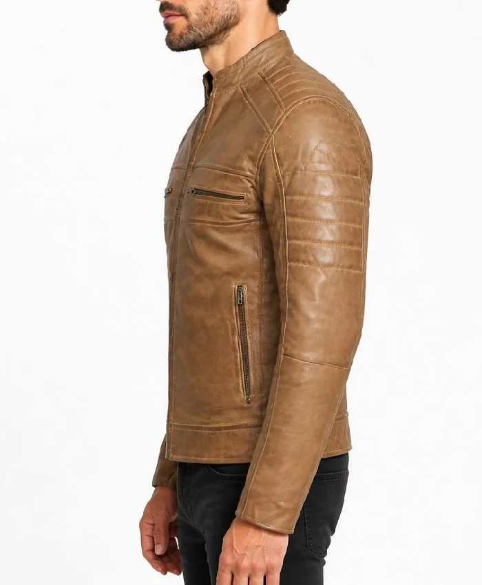 Camel Biker Style Leather Jacket Mens