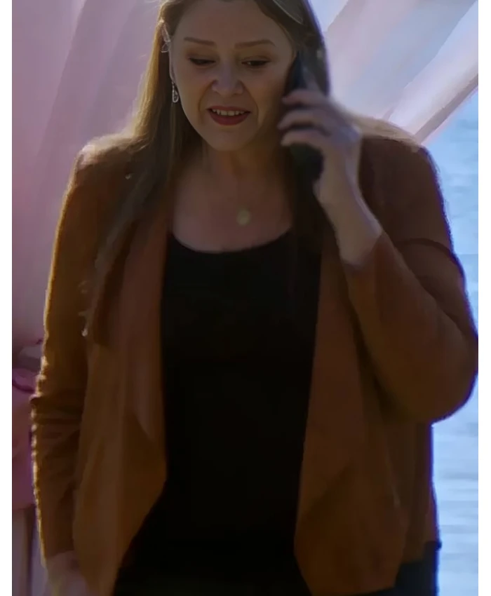 Camryn Manheim TV Series Murder In A Small Town Season 2 Jocelyn Tait Suede Moto Drape Brown Jacket