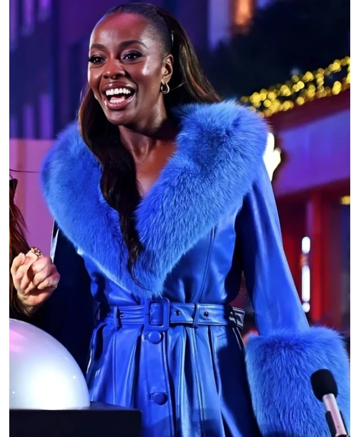 Carnaby Christmas Lights Switch On 2025 AJ Odudu Belted Fur Trim Blue Leather Coat