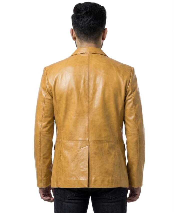 Men's Casual Genuine Leather Musturd Blazer - Image 2