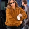 Celebrity Style NYC 2025 Hailey Bieber Brown Suede Bomber Jacket