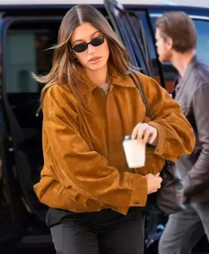 Celebrity Style NYC 2025 Hailey Bieber Brown Suede Bomber Jacket
