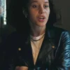 Chase Infiniti Film One Battle After Another 2025 Willa Asymmetric Leather Black Biker Jacket