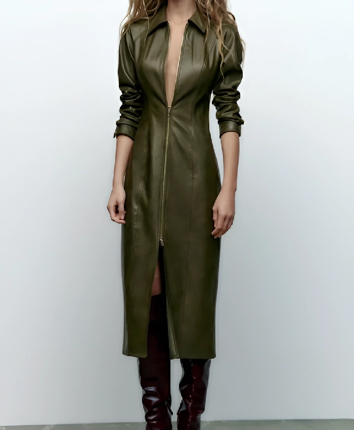 Chelsea Meissner Rock the Block S07 Green Leather Zip Front Dress - Image 2