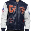 Chicago Bears Navy And White Zip Up Leather Varsity Jacket