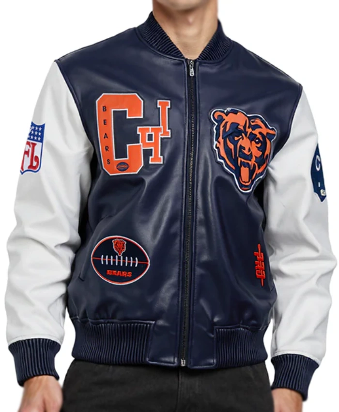 Chicago Bears Navy And White Zip Up Leather Varsity Jacket