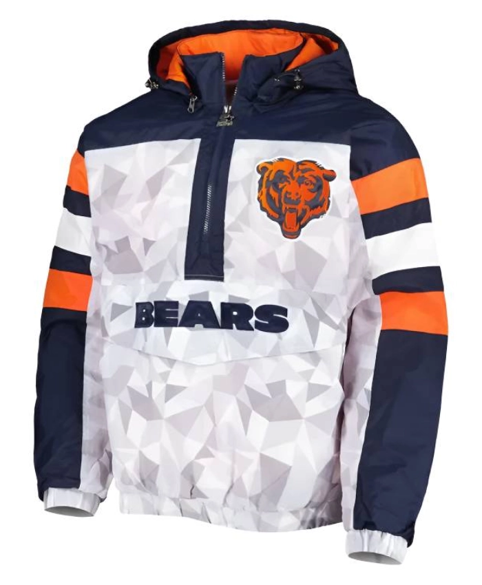Chicago Bears Raglan Half Zip White And Navy Hooded Jacket