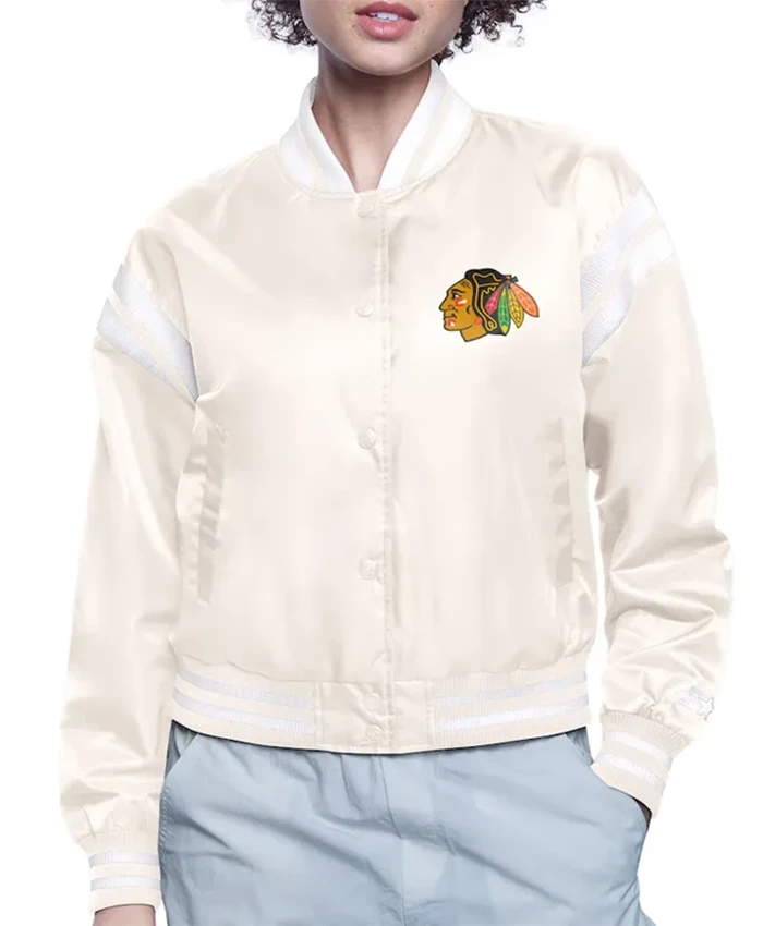 Chicago Blackhawks Printed Logo Cream Varsity Jacket
