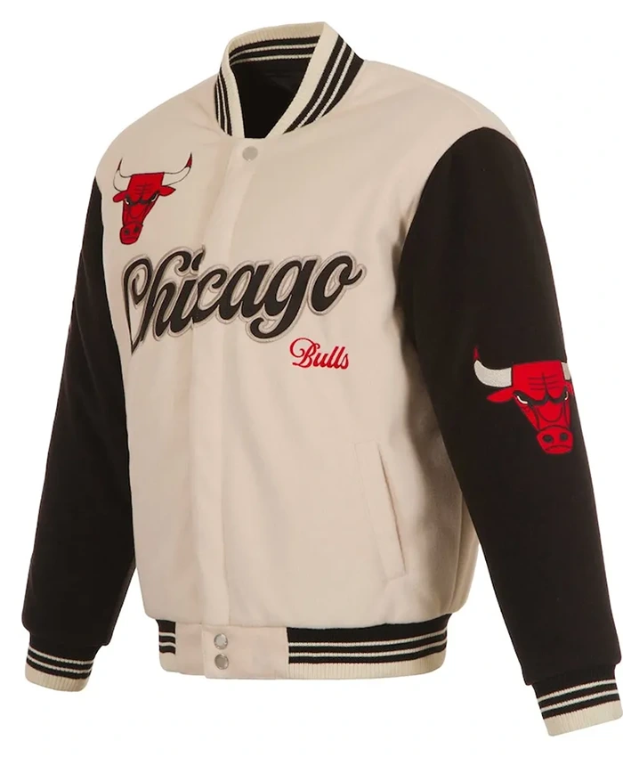 Chicago Bulls Cream And Black Letterman Varsity Jacket
