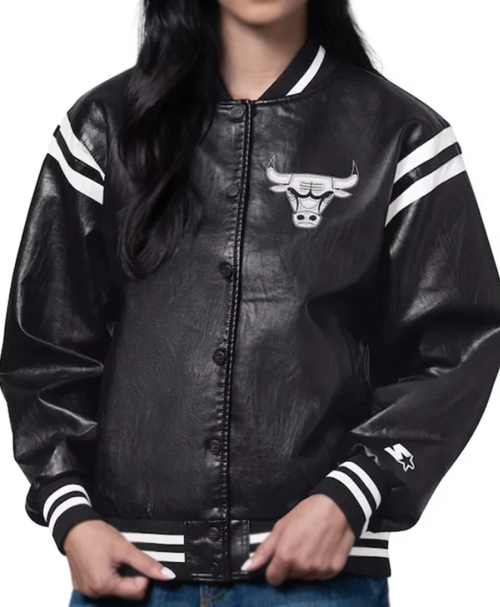 Chicago Bulls High Heat Vegan Full Snap Black Varsity Leather Jacket