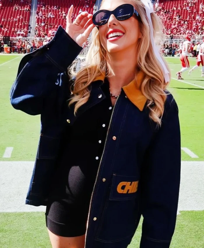 Chiefs Vs 49ers Game Brittany Mahomes Navy Blue Denim Jacket