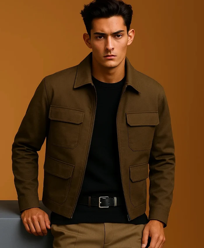 Chong Mango Men Military Green Four Pocket Suede Jacket With Button For Sale