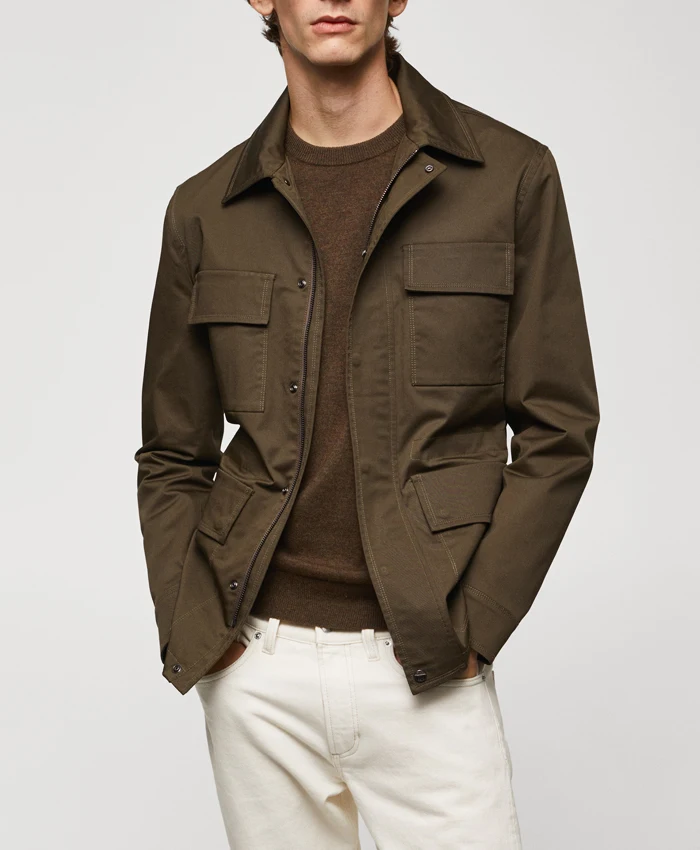 Chong Mango Men Military Green Four Pocket Suede Jacket With Button