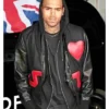 Chris Brown Red Heart Leather Sleeves Black Bomber Jacket