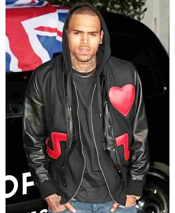 Chris Brown Red Heart Leather Sleeves Black Bomber Jacket