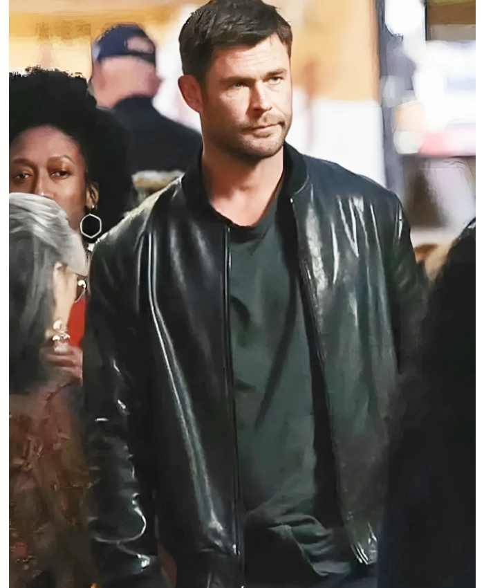 Chris Hemsworth Movie Crime 101 Davis 2026 Black Bomber Leather Jacket