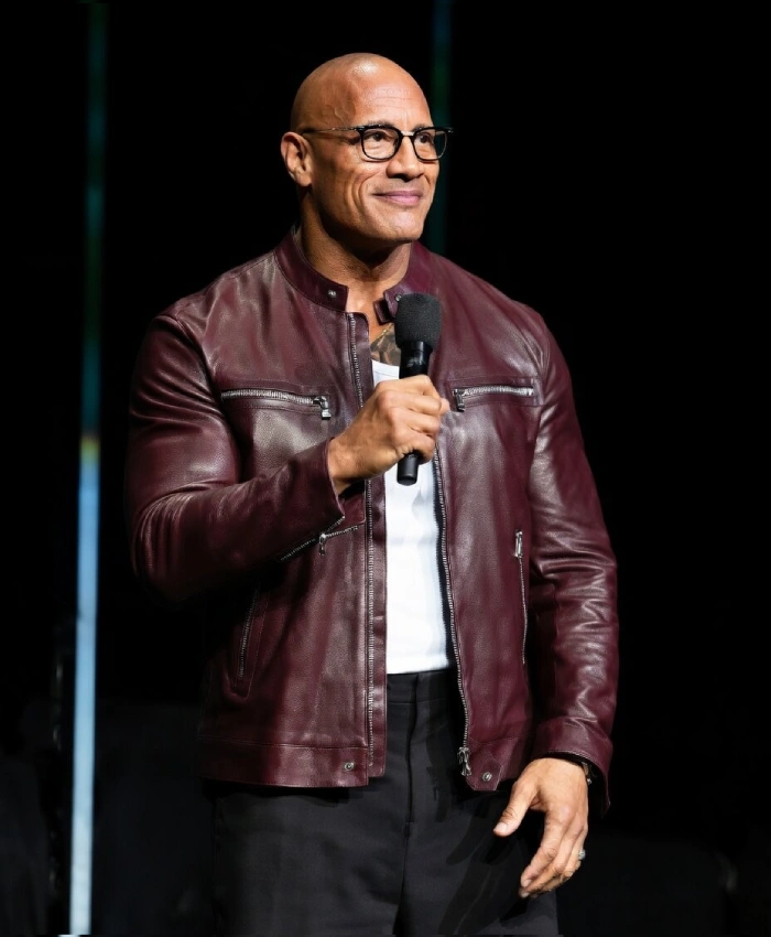 CinemaCon Opening Night Dwayne Johnson Burgundy Leather Jacket