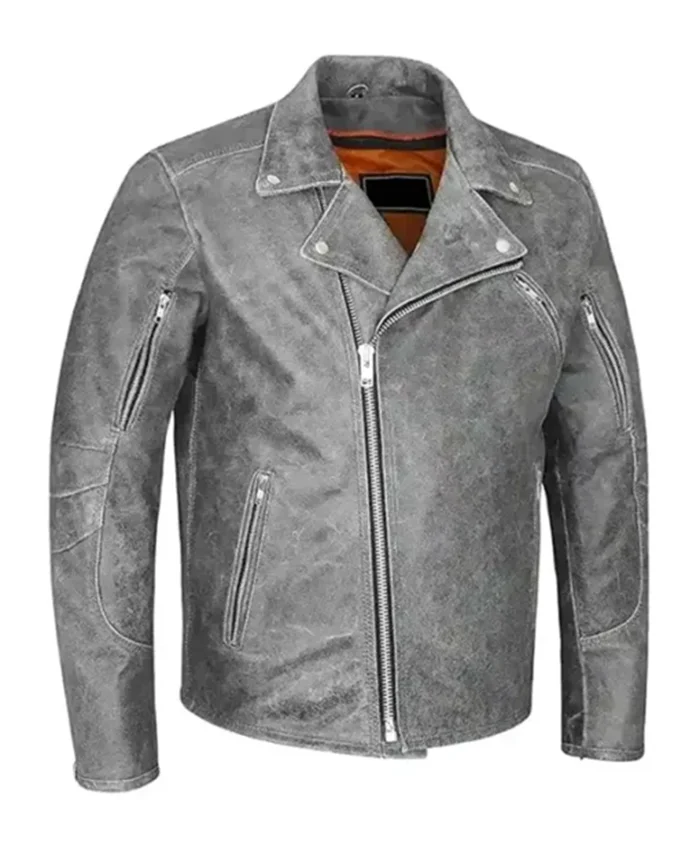Classic Grey Leather Biker Jacket