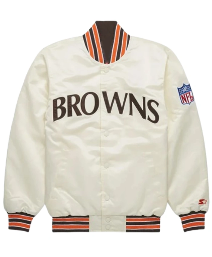 Cleveland Browns 90s Starter White Satin Full Snap Bomber Jacket
