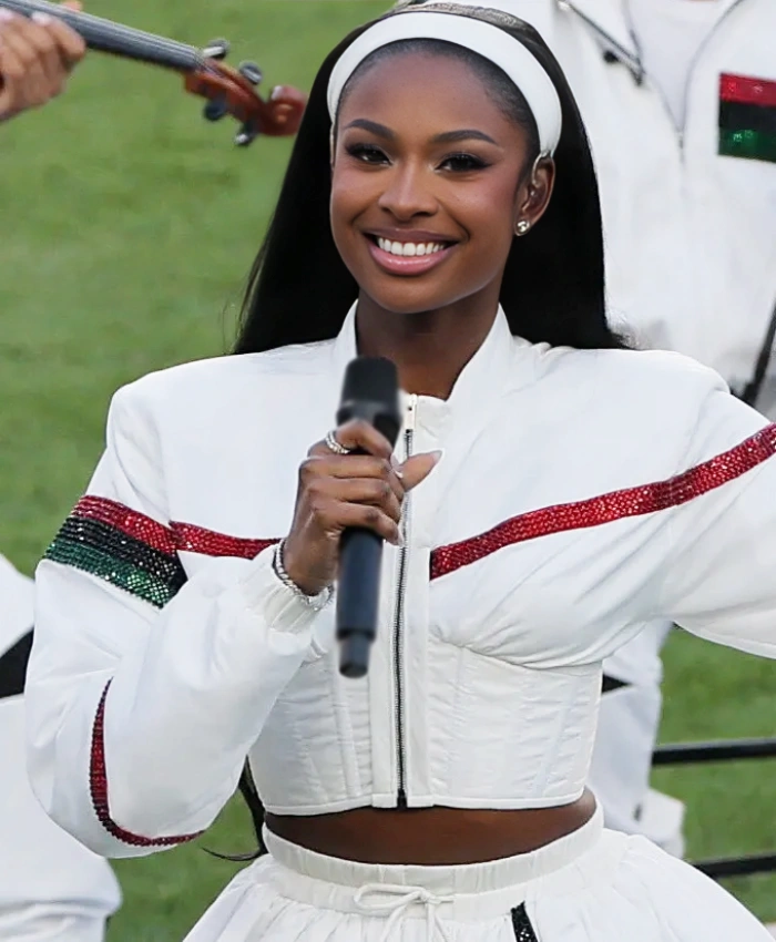 Coco Jones Super Bowl LX White Jacket