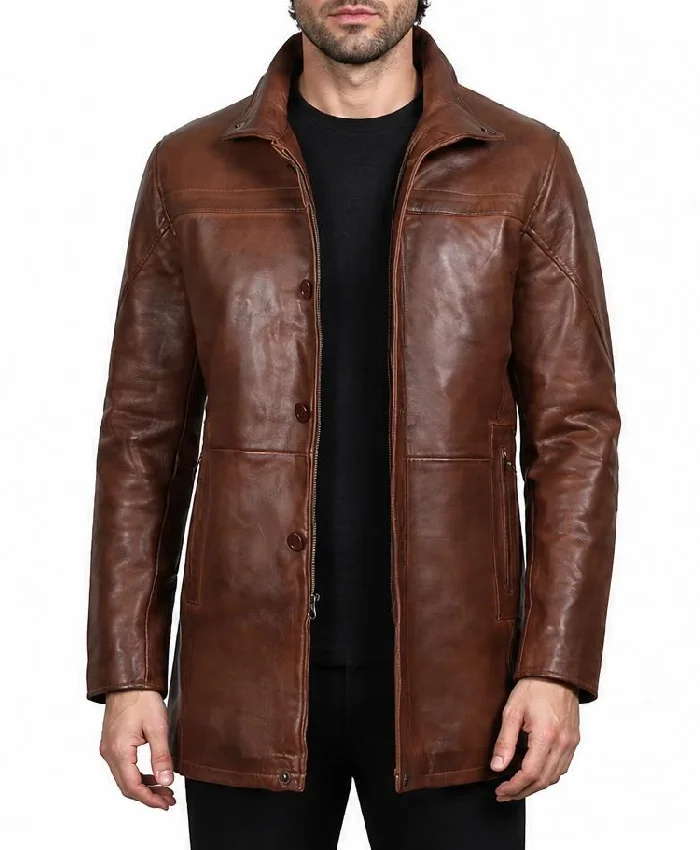 Cognac Brown Lambskin Leather Car Coat Mens