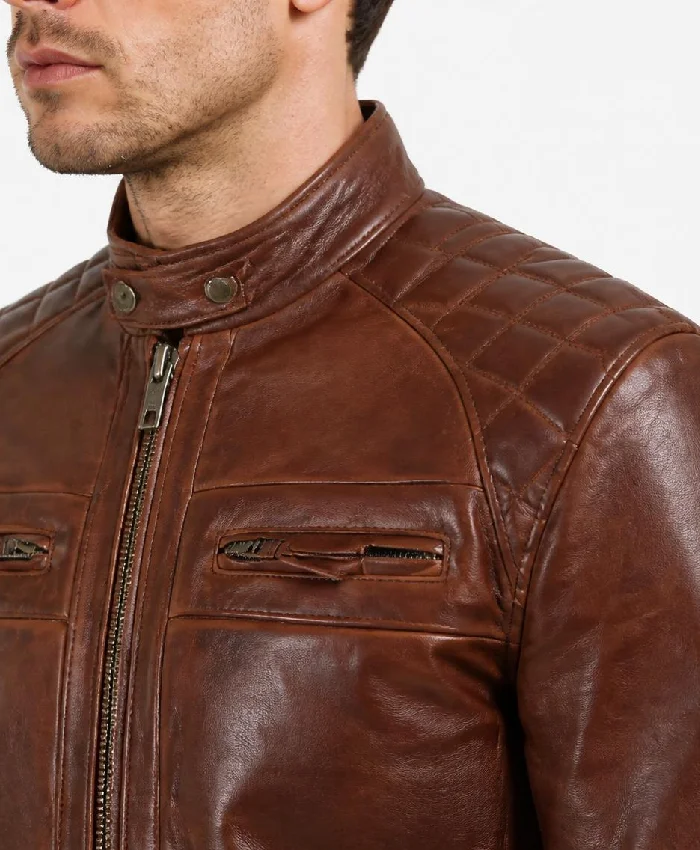 Cognac Brown Quilted Biker Style Leather Jacket Men