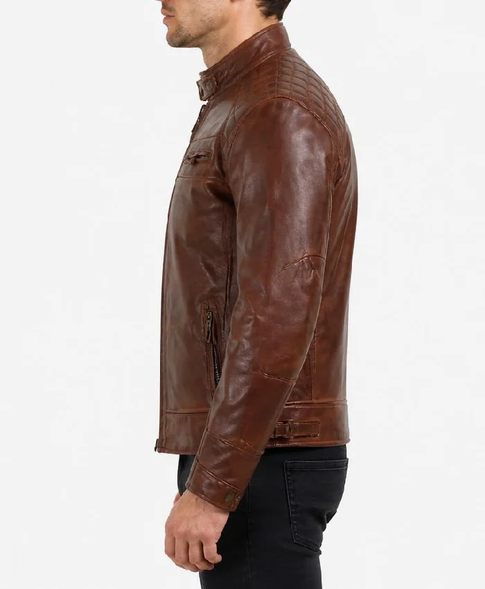 Cognac Brown Quilted Biker Style Leather Jacket Mens