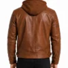 Leather Mens Cognac Biker Jacket with Attached Hood