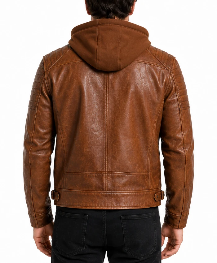 Leather Mens Cognac Biker Jacket with Attached Hood