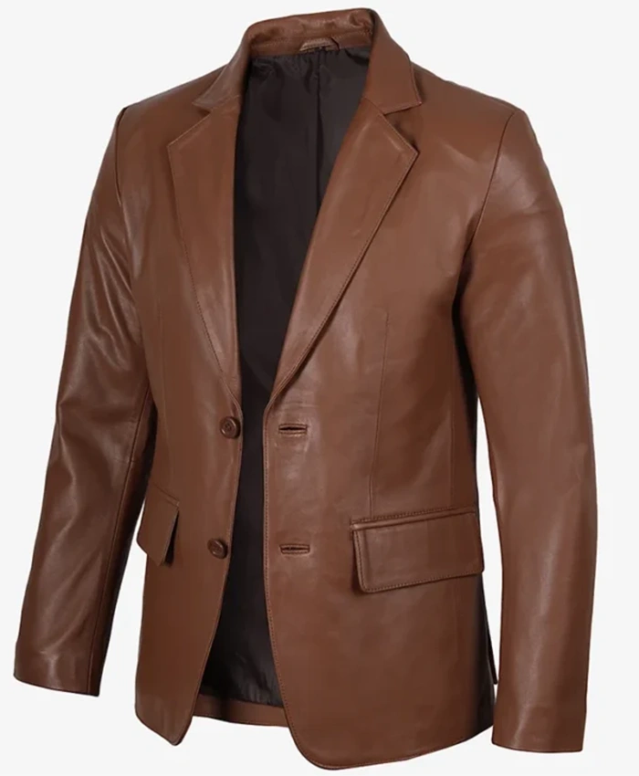 Cognac Two Button Brown Leather Blazer