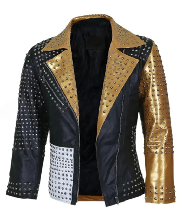 Cone Spikes Black And Gold Leather Jacket