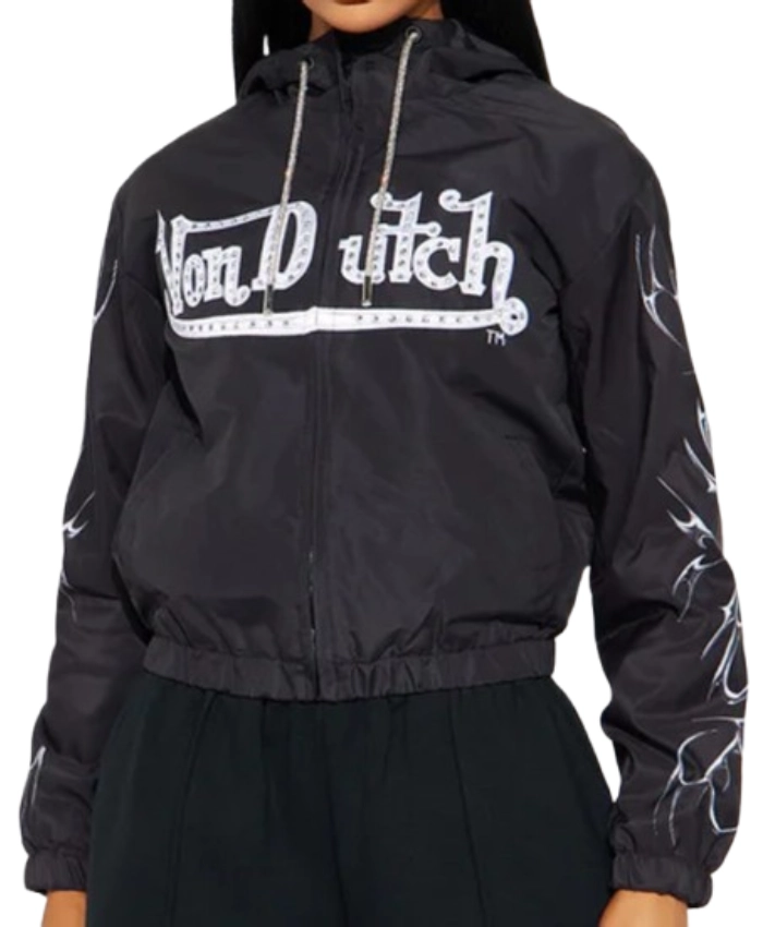 Crystal Heart Black Windbreaker Hooded Jacket